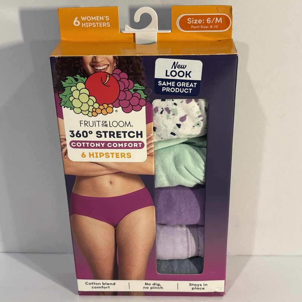Fruit of the Loom Women's 360 Stretch Cottony Hipster Panties 6-Pack Sz 6/M NWT